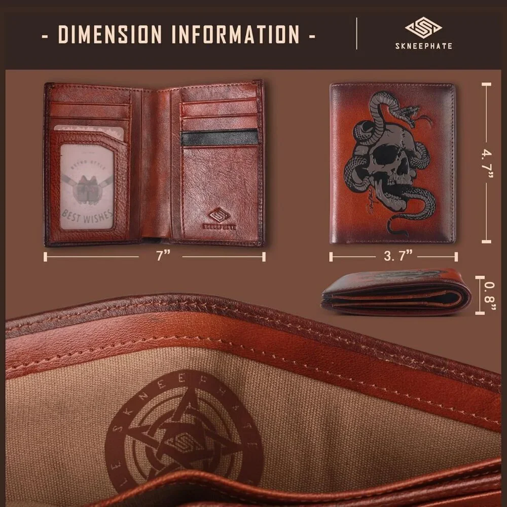 Men's Brown Bi Fold,skull Vertical,rfid Blocking Retro Skull Wallet Leather